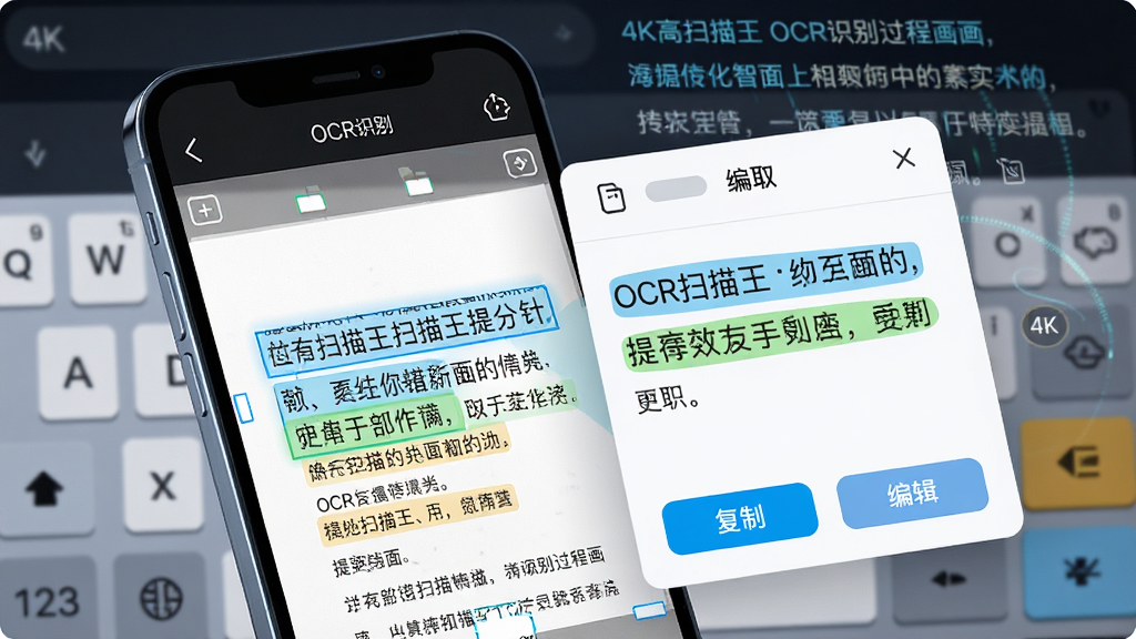 ���壺����ɨ����OCRʶ����̻��棬�ֻ���Ļ��ʾɨ���ĵ������ֱ�������ѡ��������������ȡ�����塣���֣�ǰ��Ϊ�ֻ�������Ϊ������������������Ű棺����ѡ������ȡ����ɫ��һ�£��γ��Ӿ�������������ܻ����Ƽ��С�ϸ�ڣ�����ʶ��׼���С����ơ����༭����ť�����ʣ�4K���壬�޶���װ�Ρ�