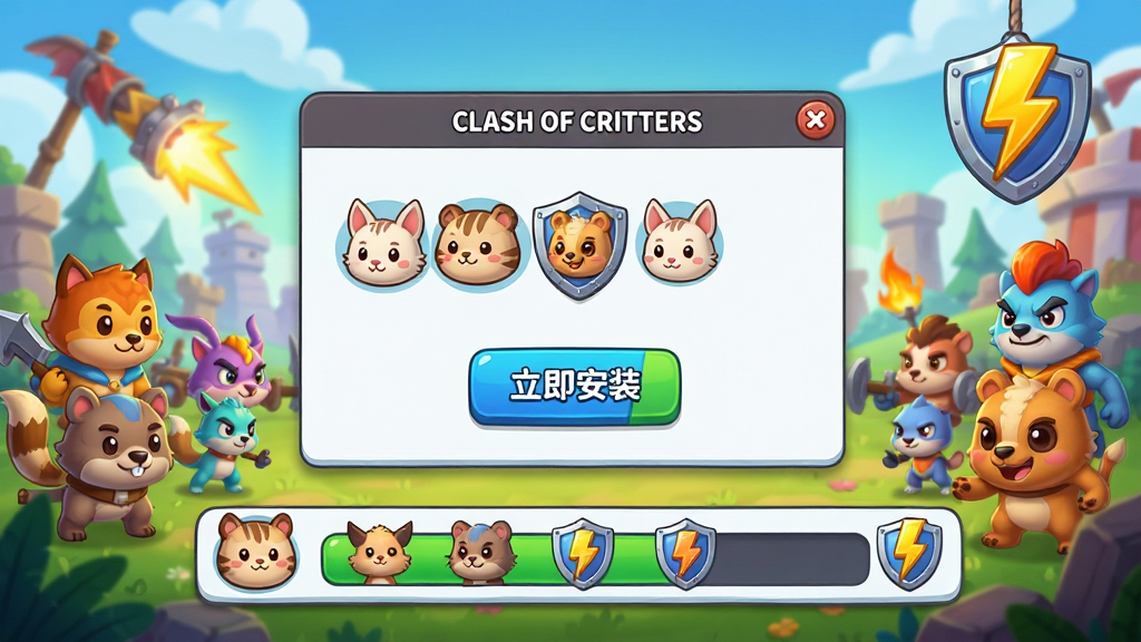 ���壺Clash of Critters��װ���Ľ������ͼ������Ϊɫ���ͷ׵Ŀ�ͨս����ǰ���ǰ�װ��������ɰ�С����ͼ�ꡣ���֣����öԳƹ�ͼ����װ���������У�����ֲ���Ϸ��ɫ���Ű棺����Ԫ����������ť��ע��������װ������������������õĿ�ͨ���ϸ�ڣ������ȳ�ͷ�񡢶��ơ������־�����ʣ�������Ⱦ���ɾ����޶���Ԫ�ء�
