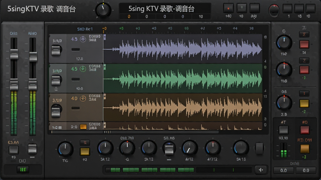 һ��5singKTV¼������¼������̨�����ͼ����������Ϊ������첨�Σ���Χ�ֲ����������顢Ч������ť�뿪�ذ�ť������Ϊ���ɫרҵ��Ƶ�豸������ֱ�ǩ��ʾ��5singKTV¼��-����̨��������ͨ͸��ϸ�ڷḻ