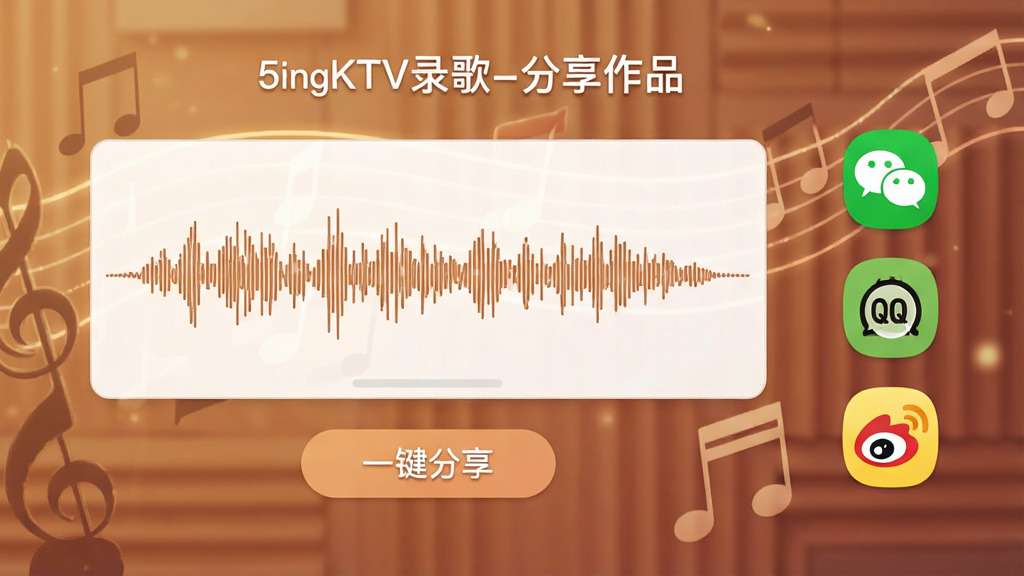 һ��չʾ5singKTV¼����Ʒ���������ͼƬ������������һ����Ƶ����ͼ���·��С�һ����������ť���Ҳ�Ϊ΢�š�QQ��΢�����罻ͼ�꣬����Ϊůɫ������Ԫ�أ����ּ�࣬���ֱ�ע��5singKTV¼��-������Ʒ����������ͣ��ɾ�������