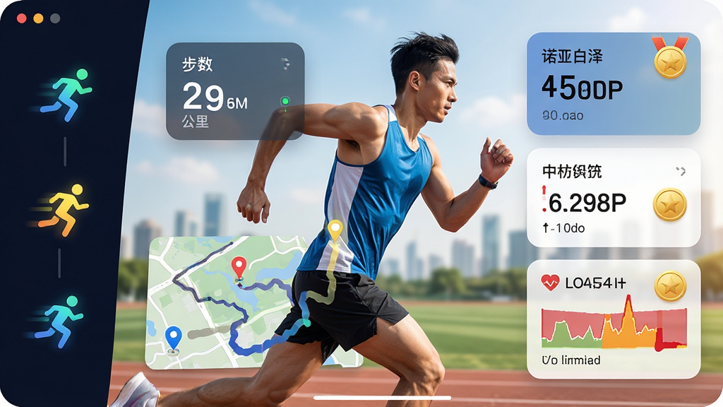 ŵ�ǰ���Ӧ���˶�׷�ٽ��棬����Ϊ�˶��е����������ݸ�������ʾ���������������������䣬�������Ϊ��̬ͼ�꣬�Ҳ�Ϊ���ݿ�Ƭ�����������У�ϸ�ڰ����˶��켣��ͼ���ɫ����ͼ�꣬���ʸ����¾�