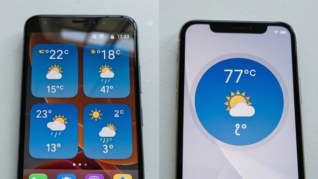 ����ΪAndroid�����ֻ���iPhone����չʾ��������AppС�������ĶԱ�ͼ����ల׿�ֻ�������ʾ4x2������С������Ҳ�iPhone������ʾԲ��С��������ֲ������ҶԳƹ�ͼ������Ϊǳ��ɫ���档���Ϊ��ʵ�������㣬ɫ����Ȼ��ϸ���ϣ�С�������ʾ�¶�������ͼ�꣬��Ļ������΢��Ӱ������Ϊ�߷ֱ��ʣ�����ɾ����޶���Ԫ�ء�