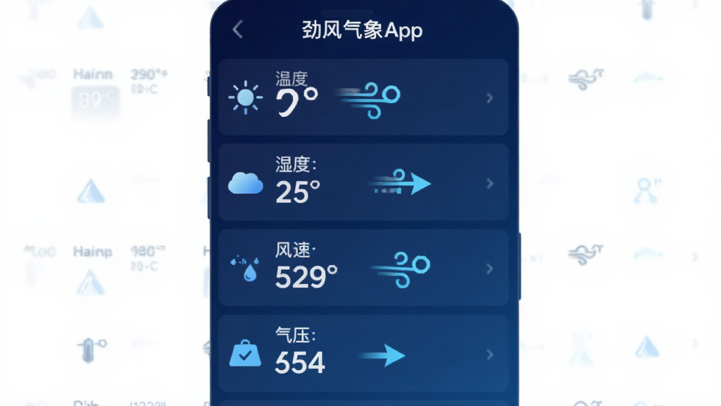 ����Ϊ��������App��ʵʱ��������ҳ�棬����Ϊ�б���ʽ�����ϵ�������չʾ�¶ȡ�ʪ�ȡ����١���ѹ����ֵ��ÿ�����ж�Ӧ��Сͼ�ꡣҳ�汳����������ɫ���䣬������ͼ��Ϊ��ɫ��ǳ��ɫ�����Ϊ�Ƽ��е����ݿ��ӻ���ϸ���ϣ�������ֵ���ж�̬�ķ����ͷ��������������������ɾ����࣬�޶���Ԫ�ء�