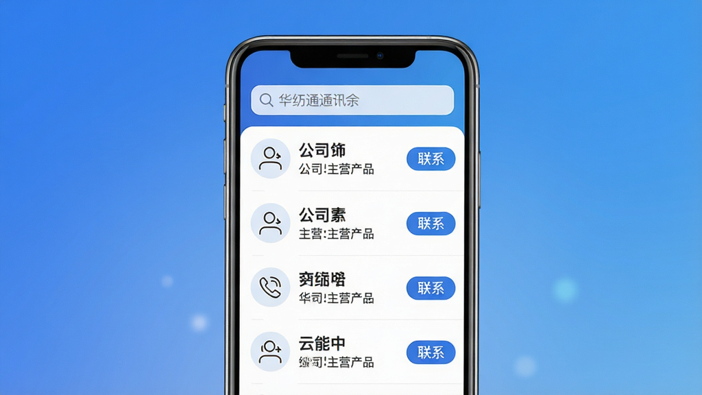 ���壺�����ֻ���Ļչʾ����ͨͨѶ¼���棬����Ϊ���������·�Ϊ��ҵ�б���ÿ����Ŀ��ʾ��˾��������Ӫ��Ʒ���Ҳ��С���ϵ����ť�����֣��ֻ����У�����Ϊ������ɫ���Ű棺�б��������ֺ����С�����ִ���࣬ͼ�����Է��ϸ�ڣ��������зŴ�ͼ�꣬��ҵ���ƼӴ���ʾ�����ʣ����壬�޶���Ԫ�ء�