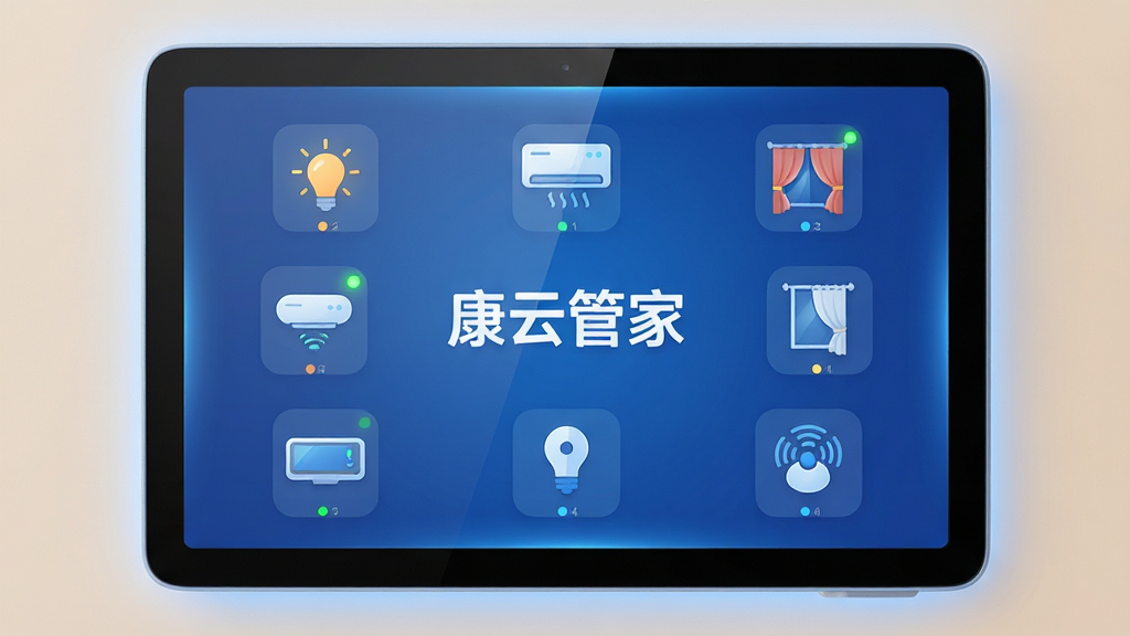 ���壺���ܼҾӿ��ƽ��棬������ʾ�����ƹܼҡ�Ʒ�Ʊ�ʶ����Χ���Ƶƹ⡢�յ����������豸ͼ�ꣻ���֣����жԳƣ�������ˬ���Ű棺�ִ���ƽ����ƣ�ͼ���������У���񣺿Ƽ�������ܰ�н�ϣ���ɫ������ϸ�ڣ���Ļ������͹�Ч���豸״̬�����𣻻��ʣ�������Ⱦ���ɾ����޶���Ԫ�ء�