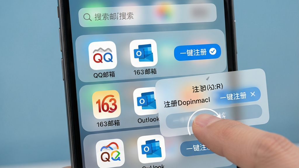 ���壺�ֻ�����ע��ͨAPP�ڲ������б����棬չʾQQ���䡢163���䡢Outlook��ͼ����һ�������֣�������������б����֣�ÿ��������Ŀ�Ҳ��С�һ��ע�ᡱ��ť���Ű棺����Ϊ���������·�������Ĺ���ͼ������ҳ������ˬ�����iOS���ë����������ͼ��ɫ�������ұ�ʶ�ȸߡ�ϸ�ڣ�����۽�����ָ���ĳ������ͼ���˲�䣬���ְ�͸����ע����Ϣ���������������ɾ����޶���Ԫ�ء�