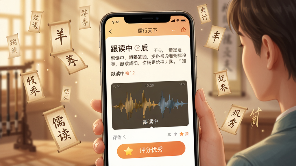 ���壺һλ�û�����ʹ����������APP�������䣬������ʾ����ͼ�����֣����֣��ֻ���Ļռ�ݻ������룬��Χ��Ʈ���Ĺŵ����ַ��ţ��Ű棺�ֻ���������չʾ�������������ְ�ť�����дʵ��廭��ϣ�ɫ����ů��ϸ�ڣ���Ļ�г��֡������С����������㡱�����������ʣ��߷ֱ��ʣ��ɾ��޶���Ԫ��