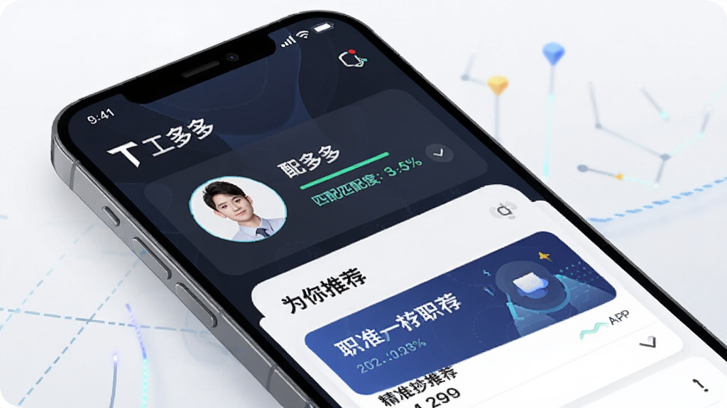 һ�ű��ֹ����APP����ƥ�书�ܵ�ʾ��ͼ������Ϊһ���ֻ�����չʾ��Ϊ���Ƽ���ģ�飬������������ͷ����ƥ��Ȱٷֱ�Ԫ�أ����Ƽ���ʮ�㣬ϸ�ڰ���������ࡱ�����;�׼�Ƽ�ְλ��Ƭ������ɾ����ࡣ