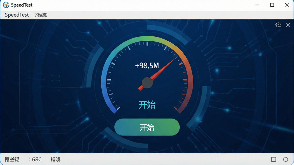 һ�Ÿ����SpeedTest�������н����ͼ��������������Ŀ�ġ���ʼ����ť����Χ������ɫ�Ƽ��б�����������󷽣�չʾ�˲��ٽ�����ٶȱ��̣��ɾ��޶���Ԫ�أ���������