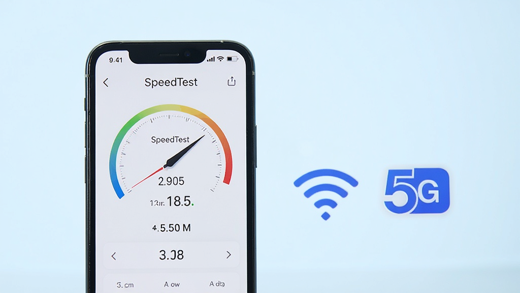 һ�������ֻ���Ļ��ʾSpeedTest���ٽ��棬�ֻ�����һ��Wi-Fiͼ���5Gͼ�꣬����Ϊǳ��ɫ���䣬����������࣬ͻ���ƶ����ٳ������ɾ��޶���Ԫ�أ���������