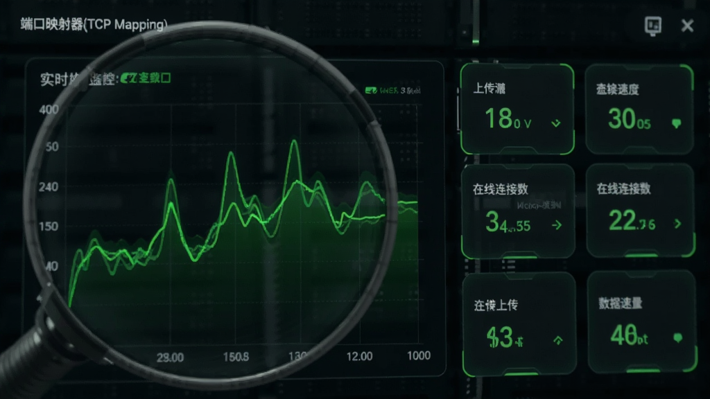 �˿�ӳ����(TCP Mapping)������Ŵ�ͼ�����Ϊʵʱ����ͼ���Ҳ�Ϊ����ͳ�ƿ�Ƭ�������ϴ������ٶȡ�������������ָ�꣬��ɫ��������ɫӫ�������ߣ��Ƽ���ǿ������ϸ�壬������Ԫ��