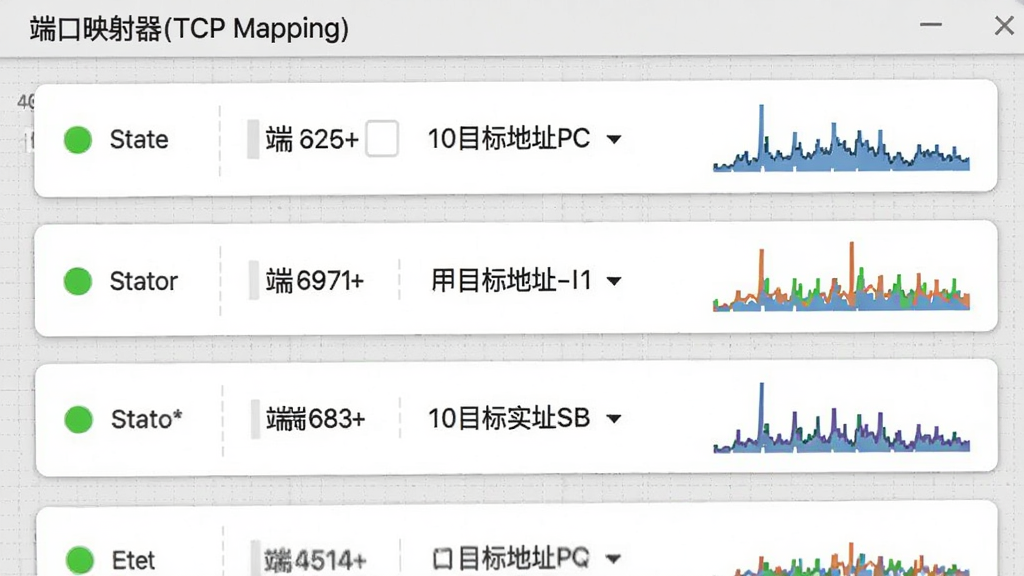 �������˿�ӳ����(TCP Mapping)���Ĺ����б�������д������ӳ������Կ�Ƭ��ʽ���У�ÿ����Ƭ��ʾ״ָ̬ʾ�ơ��˿ںš�Ŀ���ַ��ʵʱ����ͼ��������Ϊǳ��ɫ����UI����ƽ����ɫ�����죬��ϸ�ڣ��ɾ�������