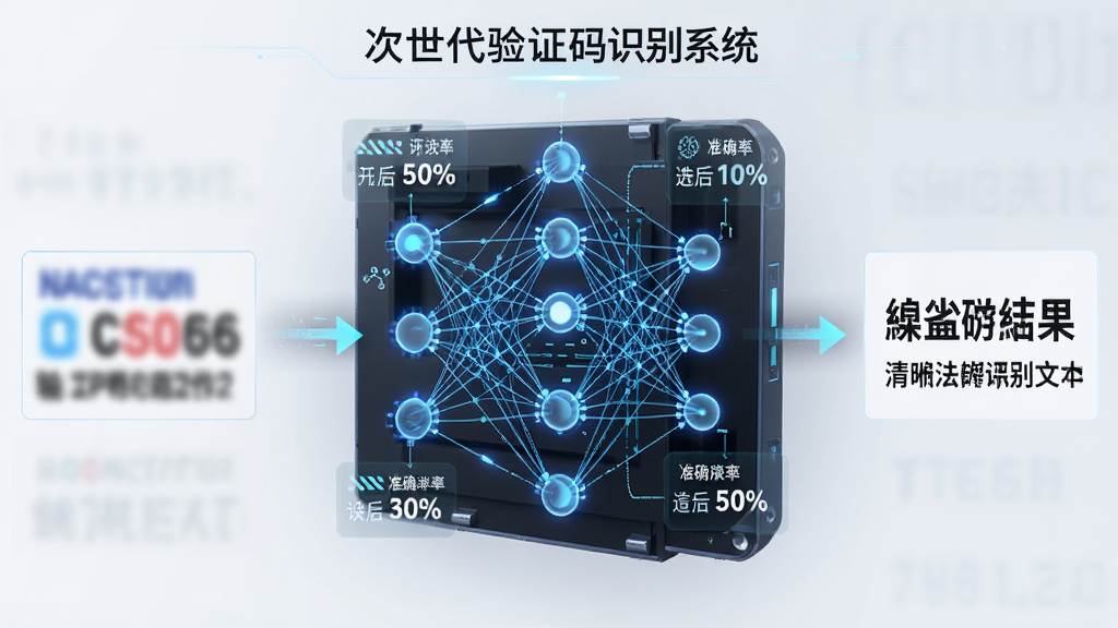 图像主体为“次世代验证码识别系统”识别引擎工作流程图,左侧输入模糊验证码图片,中间经过多层神经网络结构图示,右侧输出清晰文本结果,布局采用从左到右的流程式排版,风格为科技感信息图,细节包含神经元节点连线与准确率百分比标注,画质高清,干净,无多余元素