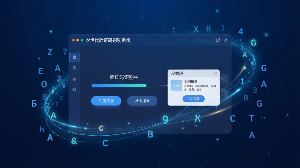 画面主体为“次世代验证码识别系统”软件界面悬浮于深蓝色科技背景中央,界面显示“验证码识别中”进度条与识别结果弹窗,四周环绕抽象的数字与字母图形光效,布局采用中心对称,排版简洁大气,风格为现代扁平化结合微光效,细节包括界面圆角按钮与数据流动线条,画质高清,干净,无多余元素