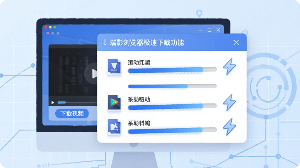 展示瑞影浏览器极速下载功能的插画,主体是一个悬浮在电脑屏幕前的下载任务列表弹窗,显示几个文件正在高速下载,进度条为蓝色,旁边有闪电图标,屏幕角落有视频播放窗口,窗口下方有“下载视频”按钮,背景为浅蓝色科技网格,构图清晰,排版有条理,现代扁平化风格,画质细腻干净