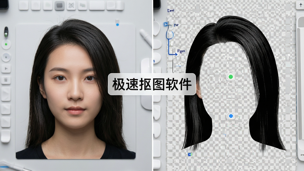 展示极速抠图软件AI算法将一张人像照片中的头发丝完美分离的过程,左侧为原始照片,右侧为透明背景的人物,发丝细节清晰可见,边缘平滑自然,画面中央有“极速抠图软件”的文字标识,背景为浅灰色工作台,布局对比明显,风格简洁专业,细节丰富,画质高清,干净无多余元素