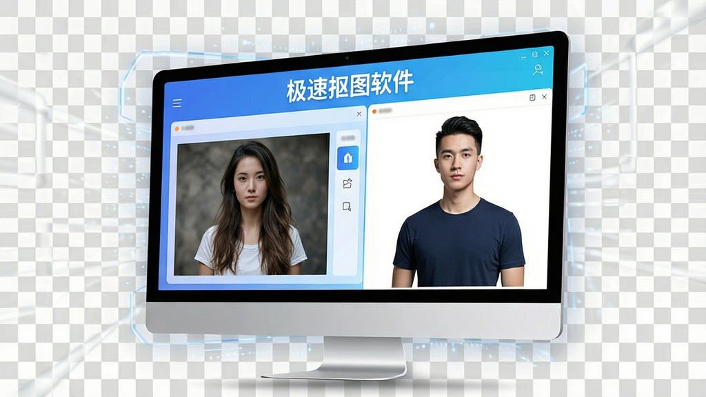 主体为极速抠图软件的主界面展示,悬浮在半空中的电脑屏幕显示软件操作界面,左侧为原图,右侧已抠出的人物主体,背景为透明棋盘格,界面风格简洁现代,主色调为蓝白渐变,布局清晰,软件名称“极速抠图软件”字样醒目地显示在屏幕顶部,整体风格科技感十足,细节丰富,画质高清,干净无多余元素