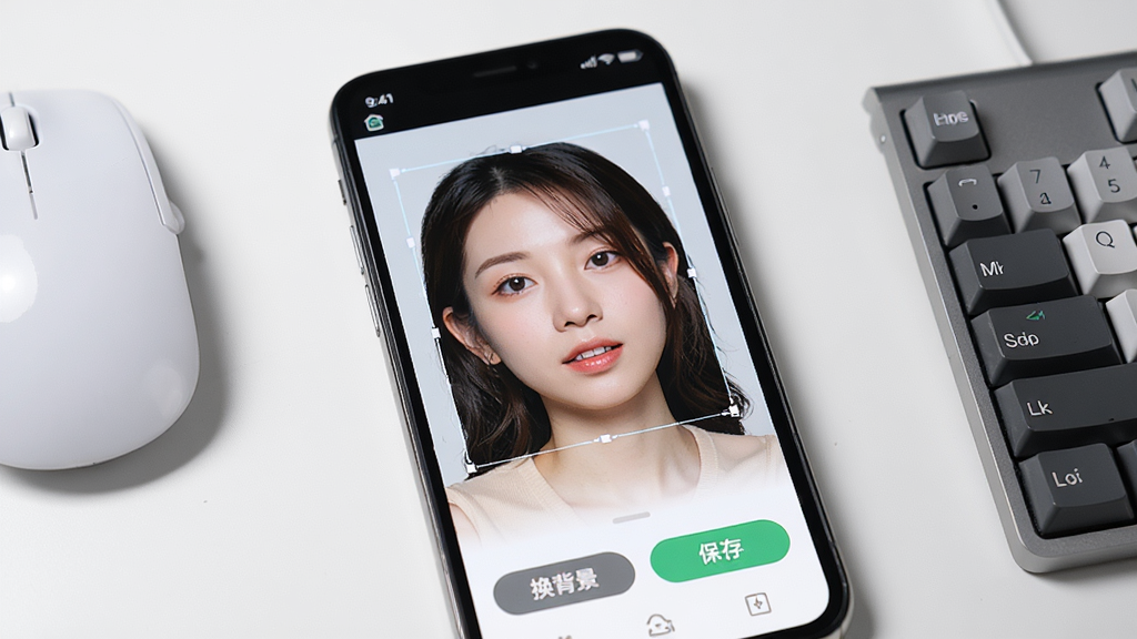 极速抠图软件在手机上的操作截图,屏幕显示一个人像正在被自动选中,边缘发丝细节清晰,界面下方有“换背景”和“保存”按钮,手机周围摆放着鼠标和键盘,整体风格简洁,画质高清,干净无多余元素