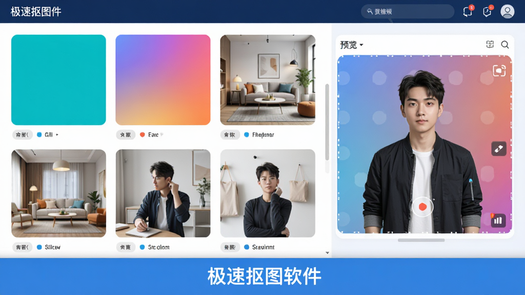 极速抠图软件模板库页面,展示多种电商场景背景模板缩略图,如纯色背景、渐变背景、室内场景等,右侧有预览窗口,选中模板后人物自动合成到背景中,界面底部有“极速抠图软件”的名称,整体设计美观,风格明亮,细节丰富,画质清晰,无多余元素