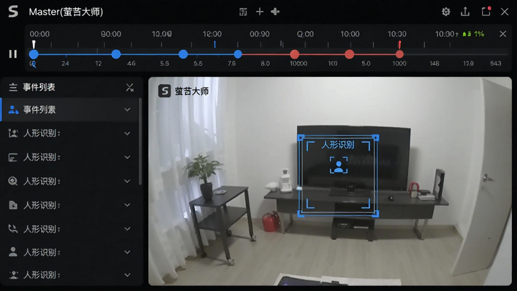 ���壺S Master(өʯ��ʦ)¼��طŽ����ͼ�����֣��Ϸ�Ϊʱ���ᣬ�·�Ϊ��Ƶ���棬���Ϊ�¼��б����Ű棺�������򣬷�񣺱�ƽ����ƣ�ϸ�ڣ�ʱ����������ɫ���ɫ��ǵ㣬��������ʾ������ʶ�𡱿�ѡЧ�������ʣ��߶Աȶȣ��ɾ����޶���Ԫ��