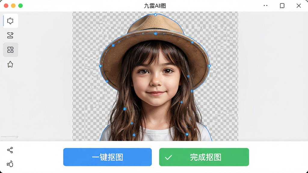 ����չʾ����AI��ͼ������������һ����ͼ���ܲ�����ʾ������Ϊ��������Ŵ�ͼ������λ����һ������ñ�ӵ�Ů��������Ů����ͷ��ϸ������������������AI�㷨�Զ�ʶ�𲢿�ȡ���壬����������ʾΪ��͸��������ͼ������ʾ����������롣�����·��С�һ����ͼ������ɫ��ť���Ա��С���ɿ�ͼ������ɫ��ʾ��������������࣬���ʸ��壬�ɾ��޶���Ԫ�ء�