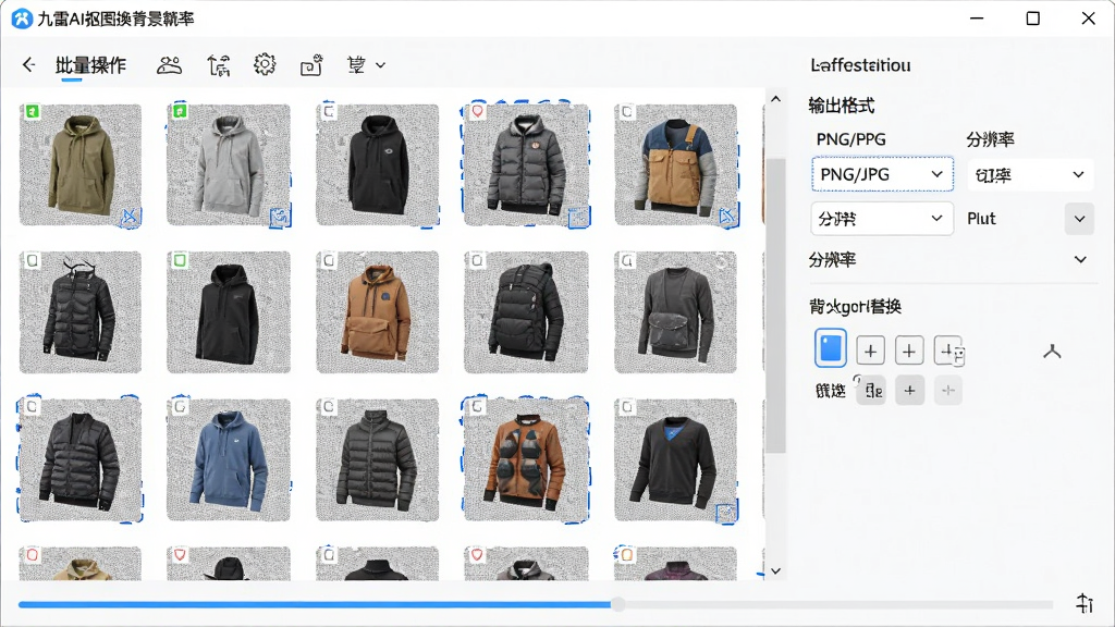 ����AI��ͼ�����������������������棬����Ϊ���������������ڣ���ര���г��˶�����ƷͼƬ������ͼ��ÿ��ͼƬ�����ɹ���ͼ����ʾΪ͸���������Ҳ���������ѡ�������ʽ��PNG/JPG�����ֱ��ʺͱ����滻ѡ�����ײ��н�������ʾ�������ȡ�����������࣬�������򻮷����ԣ�չ�ָ�Ч�칫���������ʸ��塣