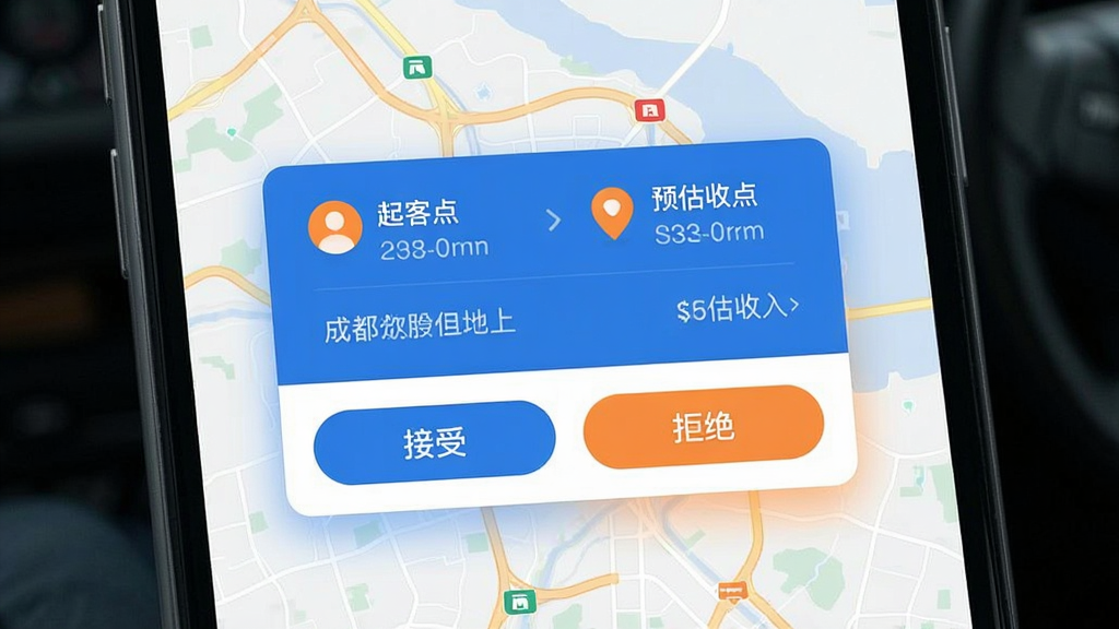 ͼƬ����Ϊ�ɶ�����˾����APP���ɵ������ͼ����Ļ���뵯��һ��������Ƭ����ʾ�˿�������յ㣬�Լ�Ԥ�����룬���·��С����ܡ��롰�ܾ���������ť����Ƭ��Χ��΢��Ч��ʾ�������ǳɶ���ͼ��ǳɫ���������岼�����ֻ���ĻΪ����UI�������ִ������ñ�ƽ����Ʒ��ɫ��������Ϊ��������������ϸ�ڷḻ���޶���Ԫ�ء�