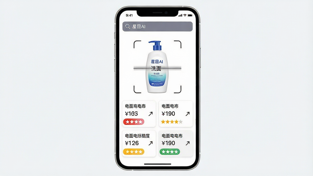 һ��չʾ��ĿAI��Ʒ�ȼ۹��ܵ��ֻ���ͼ���ͼƬ������Ϊ�ֻ��������棬��Ļ����Ϊɨ�赽��ϴ������Ʒͼ���·��г��������ƽ̨�۸�Ƭ���ò�ͬ��ɫ��ע�����涥����