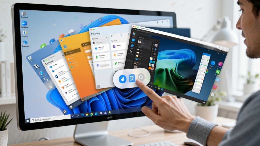 չʾWindows������С����һ���л����ܵĳ���ͼ��������һλ�û���ָ�����Ļ�ϵ�������ť��������Ļ�϶�����洰��������չ����ÿ��������ʾ��ͬ��Ӧ�ó�����棬���嶯��ʮ�㣬ɫ��������ͻ���������ݣ�����ϸ��ɾ�