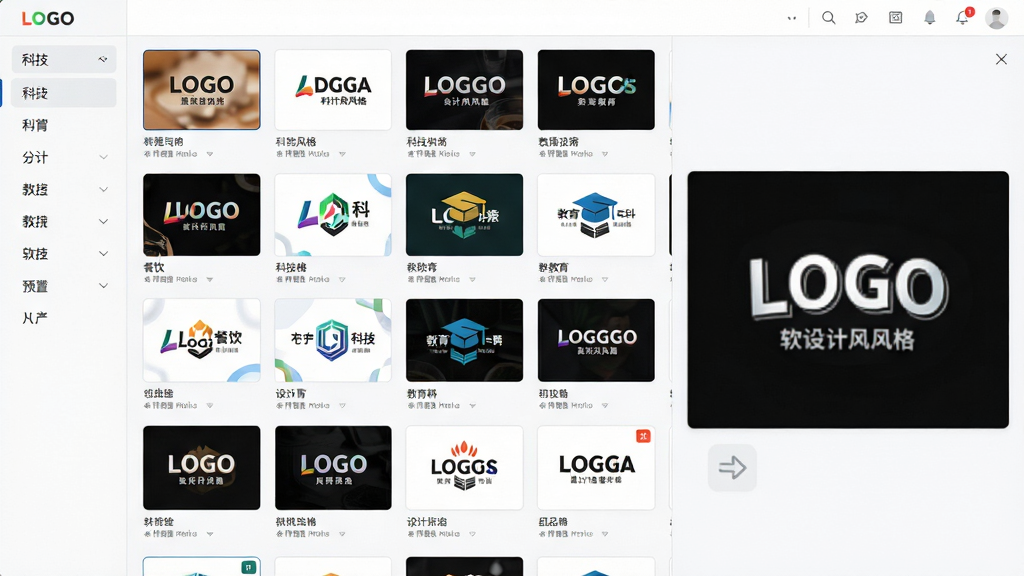 主体:LOGO设计软件模板库界面截图,展示大量缩略图,每个缩略图代表不同行业的LOGO模板。布局:网格状排列的模板缩略图,左侧有分类筛选栏,右侧有预览窗口。排版:缩略图大小均匀,排列整齐,分类标签清晰可见,如“餐饮”、“科技”、“教育”。风格:界面风格清爽简约,主色调为白色与浅灰色,突出模板内容。细节:每个模板缩略图都显示名称与设计风格,预览窗口展示放大后的模板细节。画质:高分辨率,UI界面清晰,无多余元素。