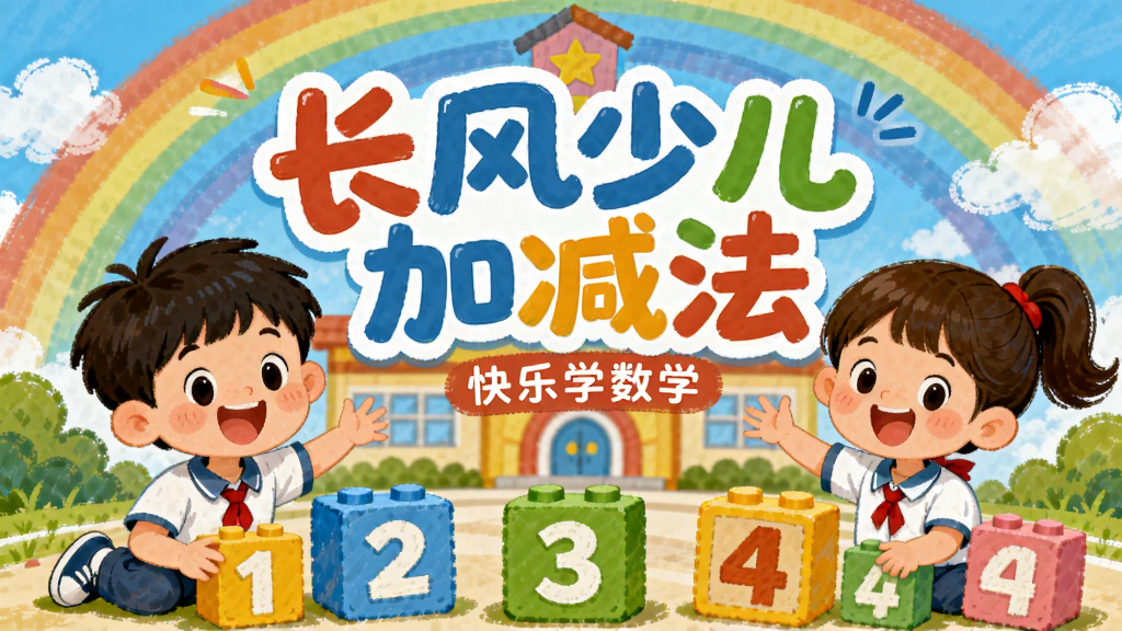 主视觉插画风格,前景是开心的小学生男孩女孩围着数字积木,背景是蓝天白云下的彩虹学校,画面中央悬浮着“长风少儿加减法”艺术字标题,下方有“快乐学数学”标语,整体色彩明亮鲜艳,卡通手绘风,画质干净无多余元素