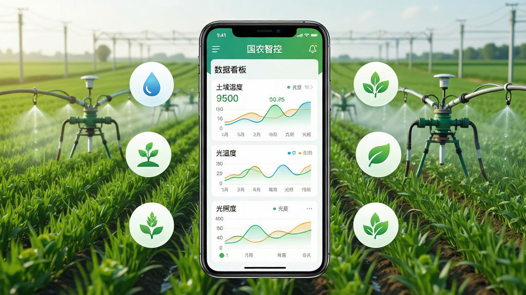���壺����ũ�ǿء�APP�����������ֻ���ȫ����ʾ�������ǹ�������ɫũ�������ܹ���豸�����֣��ֻ����У���Ļ������չʾ����ʪ�ȡ��¶ȡ����յ�����ͼ�������ܻ�����������״̬ͼ�ꡣ�Ű棺�ֻ�����ռ����60%��ũ�ﱳ��ռ40%���������׾��⡣����ִ��Ƽ�������Ȼ��԰���ںϣ�ɫ������ͨ͸��ϸ�ڣ������������֡���ũ�ǿء��롰���ݿ��塱�����ɼ���ͼ������������ˮ����ҶƬͼ�꾫�¡����ʣ������壬ϸ�ڷḻ���ɾ��޶���Ԫ�ء�