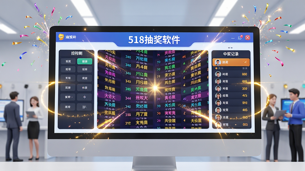 一幅现代商务活动场景的3D渲染图,主体为电脑屏幕上的“518抽奖软件”界面,屏幕中显示彩色滚动的人名与炫光特效,界面布局为中央大屏展示、左侧控制面板、右侧中奖记录,整体风格明亮科技感,细节包含礼花粒子、金色光效,画质高清干净,无多余元素