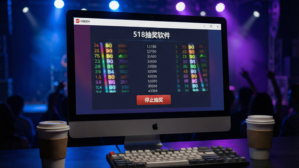 一张电脑屏幕特写图片,屏幕中显示“518抽奖软件”正在运行的界面,界面上有彩色滚动名单与“停止抽奖”按钮,周围环境为昏暗的舞台现场,有蓝色与紫色的氛围灯光,电脑键盘旁放着一杯咖啡,构图突出屏幕内容,风格写实,细节清晰,画质高清干净