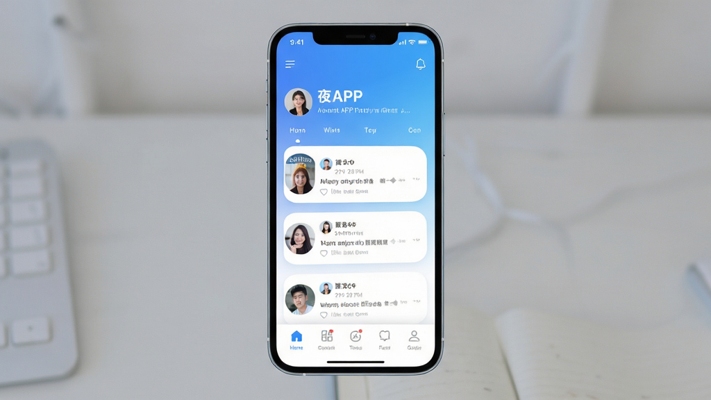 ҹ��APP������չʾ���ֻ���Ļ�ڳ��ּ���罻Ӧ�ý��棬�ײ��������������б������û�ͷ���붯̬��Ƭ���������ִ���ˬ����ɫ��Ϊ���׽��䣬���ʸ��壬�ɾ��޶���Ԫ��