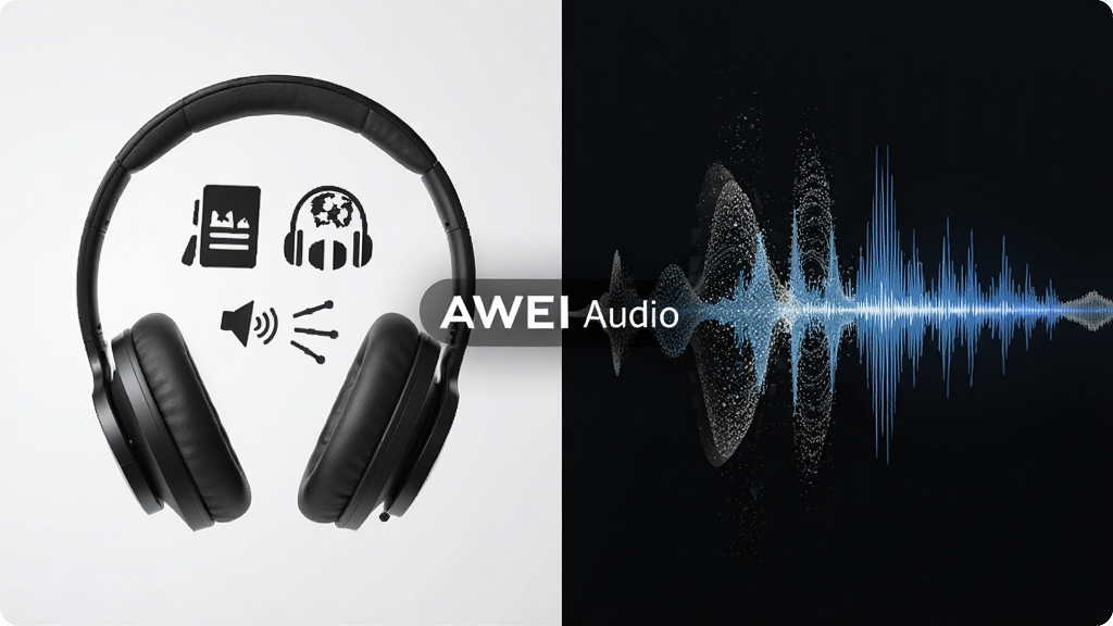 չʾAWEI Audio���ܽ��빦�ܵĸ���ͼ�������Ϊ���������֣���������ӻ���ͼ�꣬�Ҳ��������������Σ�����Ϊ����������ͼ�Σ����ֲ��öԳ�ʽ���Ű���������롰AWEI Audio�����������Ƽ���ʮ�㣬ϸ���п���״���������˵Ķ�̬Ч�������ʸ���ɾ�