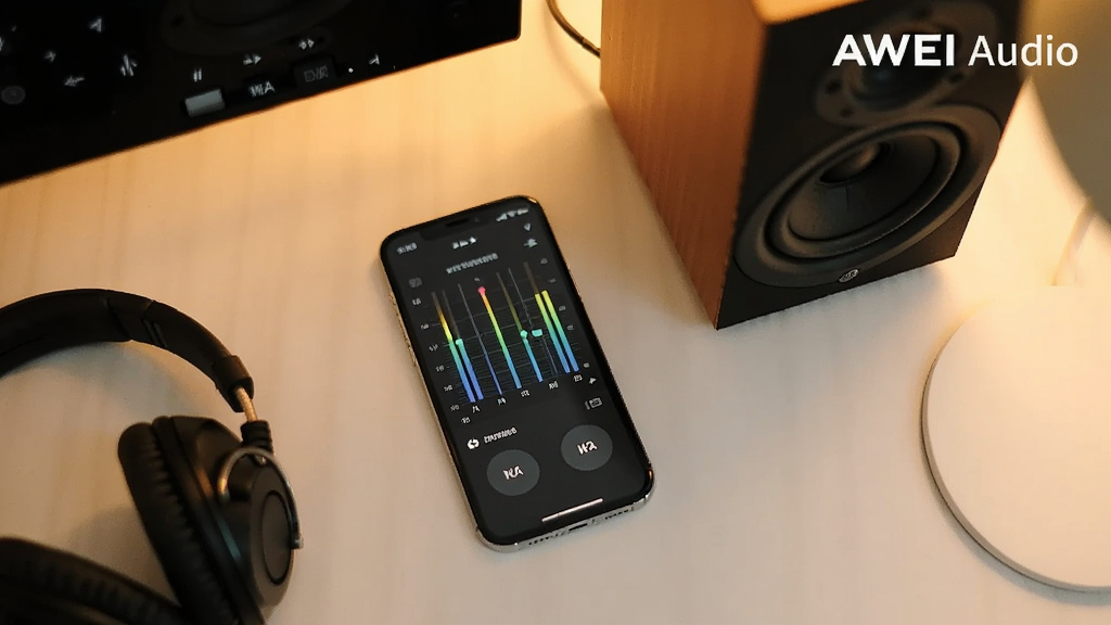 չʾAWEI Audio���ֻ���ʹ�õĳ���ͼ���ֻ���Ļ��ʾ���������棬�Ա��ж������������䣬����Ϊ�ֻ�����Ƶ�豸�����ֲ���ƽ��ʽ���Ű������ϽǼ��롰AWEI Audio��ˮӡ����������ϸ����ůɫ�ƹ���Ⱦ�����ʸɾ���Ȼ���޶���Ԫ��