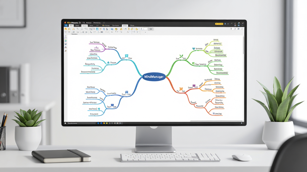 һ���ִ��칫������3D��Ⱦͼ��������һ̨�����š�MindManager 21�������Ŀ�����ʾ������Ļ��չʾ��һ��ɫ�ʷḻ���ṹ������˼ά��ͼ���������ⷢɢ�������֧������Ϊ��ʾ�����У���Χ�м�Լ�İ칫�����ʼǱ�����ֲ�����Ϊ�Ƽ���������н�ϣ�����ɾ�������ϸ���ϣ�˼ά��ͼ�ķ�֧�����������ڵ����Сͼ�꣬���涥���������˵���������Ϊ8k�����壬������ͣ������Χרҵ�ҳ������⣬�޶���Ԫ�ء�