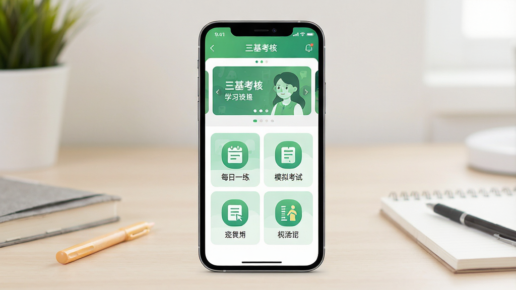 ���壺�����ֻ�����չʾ���������ˡ�Ӧ�õ�ѧϰҳ�棬�С�ÿ��һ�����͡�ģ�⿼�ԡ�ͼ�ꡣ���֣��ֻ����У�����Ϊ��Լ�������Ű棺ҳ�涥��Ϊ�ֲ�ͼ���·�Ϊ���ܹ��񡣷�����±�ƽ�磬��ɫ������ϸ�ڣ�ͼ���·������ֱ�ǩ�����ʣ����壬�ɾ����޶���Ԫ�ء�