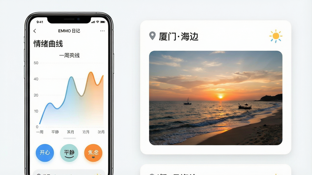 һ��EMMO�ռ�Ӧ�õĹ���չʾͼ��������ֻ��������棬��ʾ���������ߡ�ͼ����������ͼ��ʽ��¼һ�ܵ�����仯��������ɫ����ɫ���䵽��ɫ��ͼ���·��С����ġ�����ƽ�����������ǡ��������鰴ť���Ҳ��ǷŴ���ռǿ�Ƭ�����渽��һ��Ϧ����Ƭ������ʾ����λ�á����ź��ߡ�������ͼ�꣬���������������������������ʸ��壬�޶���Ԫ��