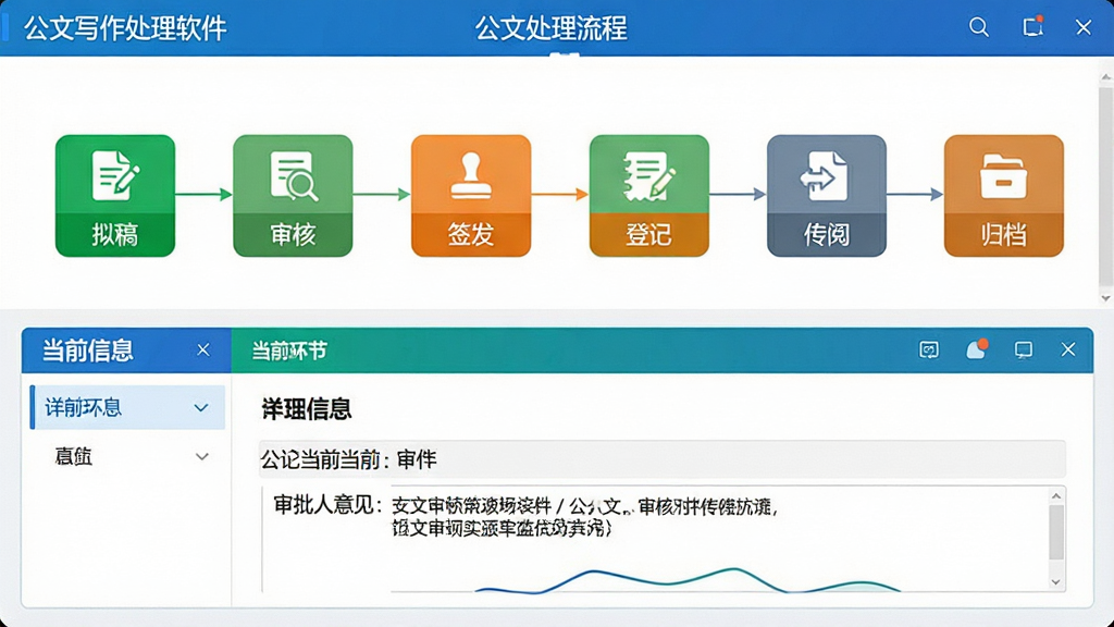 ���壺����д�����������ġ����Ĵ������̡��������棬������ͼ��ʽչʾ�����ڡ����֣��Ϸ�Ϊ���̽ڵ�ͼ�꣬��������塱������ˡ�����ǩ���������Ǽǡ��������ġ������鵵�����·�Ϊ��ǰ���ڵ���ϸ��Ϣ��塣�Ű棺����ͼ�������ڵ��ò�ͬ��ɫ����״̬�����Ѱ��Ϊ��ɫ��������Ϊ��ɫ����������࣬ɫ���������̡���Ϊ����ϸ�ڣ���������ʾһƪ���ĵ�ǰ���ڡ���ˡ����ڣ�����������������ݡ����ʣ����壬�ɾ����޶���Ԫ�ء�