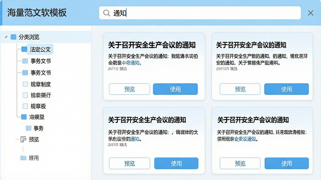 ���壺����д�����������ġ���������ģ�塱���棬չʾ����������������ܡ����֣����Ϊ���������б����������������ġ������������顱���������ƶȡ��ȣ��Ҳ�Ϊ���Ŀ�Ƭ����ʾ�����ժҪ���Ű棺��Ƭʽ���֣�ÿ����Ƭ��������ͼ��˵�����ײ��С�Ԥ�����͡�ʹ�á���ť��������¼�Լ��ɫ����ǳ���Ͱ�ɫΪ����ϸ�ڣ�������������ʾ��֪ͨ���ؼ��ʣ���Ƭ��չʾ��ƪ֪ͨ���ı��⣬�硰�����ٿ���ȫ���������֪ͨ�������ʣ����壬�ɾ����޶���Ԫ�ء�