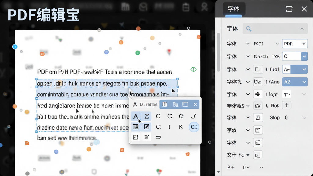����ʾ��ͼ������Ϊ��PDF�༭�����ı��༭������д������Ϊ���ҷ�����������ĵ�ҳ�棬�Ҳ�����������������壬�Ű���������дʵ��ϸ����ʾ���ѡ��һ��Ӣ�����ֲ�������ʽ����С���ڣ����ֱ�ע��PDF�༭�������������ʸɾ��޶���Ԫ��