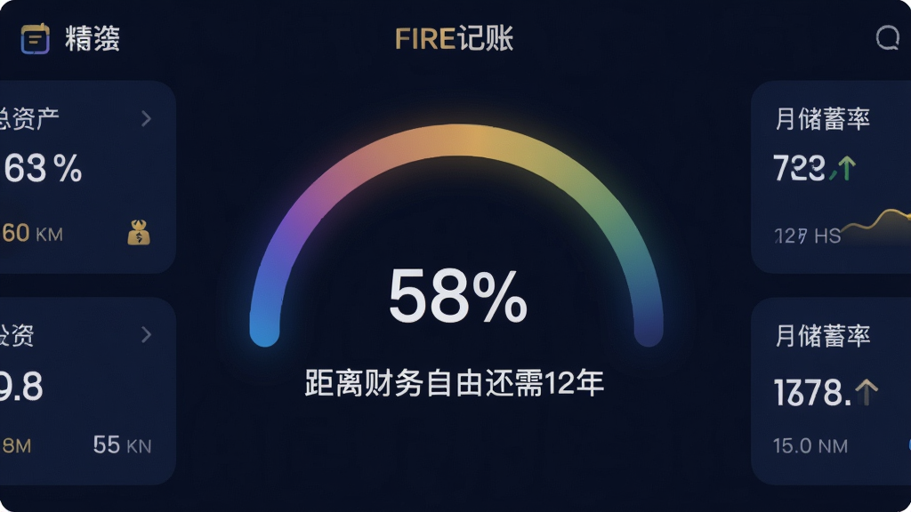 ����չʾ��FIRE���ˡ�APP���Ǳ��̽��棬��ɫ��������һ����Բ�εĽ���ɫ���Ȼ�����������ʾ��58%�������·�������ע������������ɻ���12�ꡱ�İ�ɫ������ҳ�������Կ�Ƭ��ʽչʾ���ʲ����´����ʵ����ݡ����Ϊ�Ƽ������ݿ��ӻ����������ɫ���䣬����ϸ�壬���־��⣬�޶���Ԫ�ء�