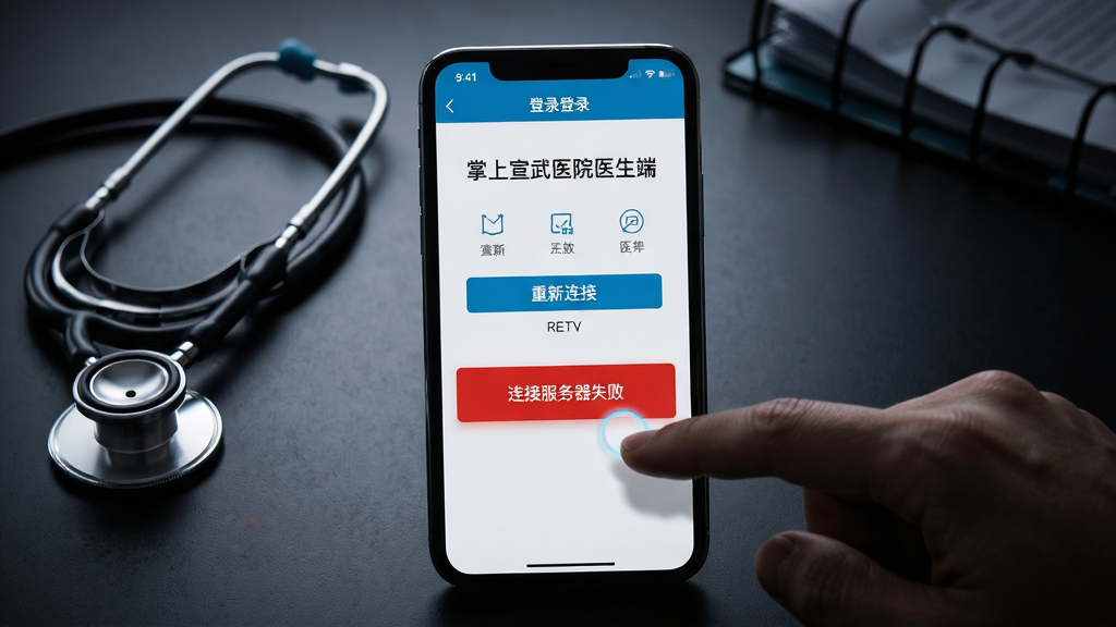 主体:手机截图展示“掌上宣武医院医生端”登录页面,下方有“连接服务器失败”的红色提示框。布局:手机屏幕居中,背景为偏暗的医疗桌面,旁边放着一副听诊器。排版:居中构图,屏幕高亮,错误提示明显。风格:写实摄影风格,光线对比强烈,强调故障氛围。细节:屏幕中显示重新连接按钮,手指正在点击重试,captured瞬间动态感。画质:高清晰度,细节丰富,干净,无多余元素。