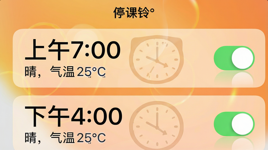 ���壺��ͣ���塱�������������ý��棬��ʾ������7:00���͡�����4:00������ʱ��������Ԥ�������֣������������б����У�ÿ���������Ҳ��п��ذ�ť���Ű棺ʱ�����ֲ��ô�����壬���������ԡ��磬����25�桱Ϊ����������¼�Լ��IOS���UI��ƣ�����Ϊ��͵Ľ����ɫ��ϸ�ڣ����ذ�ť����ɫ����״̬����Ļ����ϸ΢�Ļ������⡣���ʣ��߷ֱ��ʣ��ɾ����޶���Ԫ�ء�