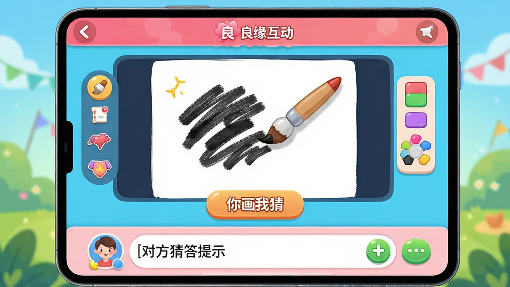 ���壺��Ե����������С��Ϸ�����棬��Ļ��չʾһ��㻭�Ҳ¡���Ϸ���棬�Ϸ��ǻ�ͼ�����·�����������򣻲��֣���ͼ��ռ������֮����Ļ��ʹ�û��ʺ͵�ɫ�幤�ߣ��·��жԷ��´���ʾ���Ű棺��Ϸ����������������ȷ��������������񣺿�ͨ�ɰ���ɫ����������ťԲ��ϸ�ڣ���ͼ���бʴ��ۼ������������ʾ�Է��𰸣����涥���С���Ե��������־�����ʣ�����������ϸ���������޶���Ԫ�ء�