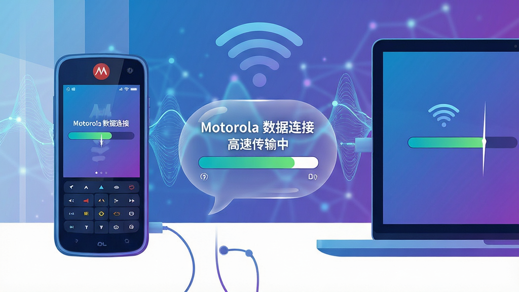 主体,一部摩托罗拉手机与电脑通过Wi-Fi无线连接,界面显示传输进度条快速前进,背景为动态网络信号波纹;布局,手机与电脑分居画面两侧,中间为半透明的数据传输气泡;排版,采用横向构图,信息层级分明;风格,科技感插画风,蓝紫渐变色调;细节,传输气泡内显示“Motorola数据连接”与“高速传输中”字样,进度条接近满格;画质,细腻清晰,无多余元素。