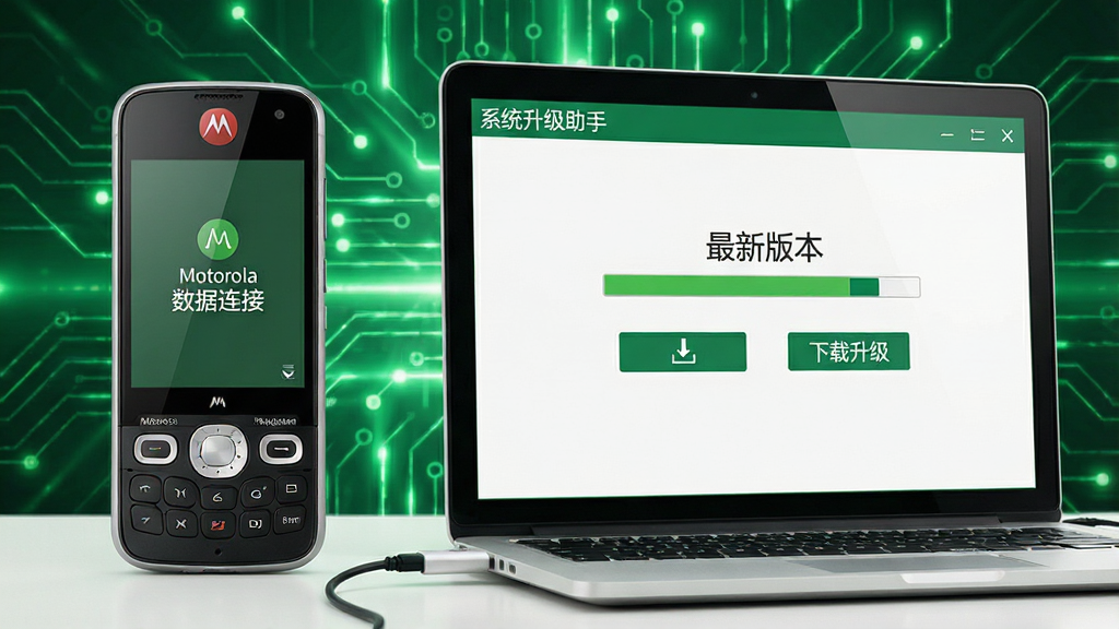 主体,一台摩托罗拉手机连接电脑,电脑屏幕显示系统升级界面,带有“最新版本”与“下载升级”按钮,背景为绿色科技光效;布局,手机位于左侧,电脑位于右侧,画面重心在电脑屏幕;排版,简洁居中,突出升级提示;风格,商务科技风格,绿色与白色为主色调;细节,手机屏幕显示“Motorola数据连接”已连接状态,电脑屏幕显示升级进度条与“系统升级助手”字样;画质,高清干净,无多余元素。