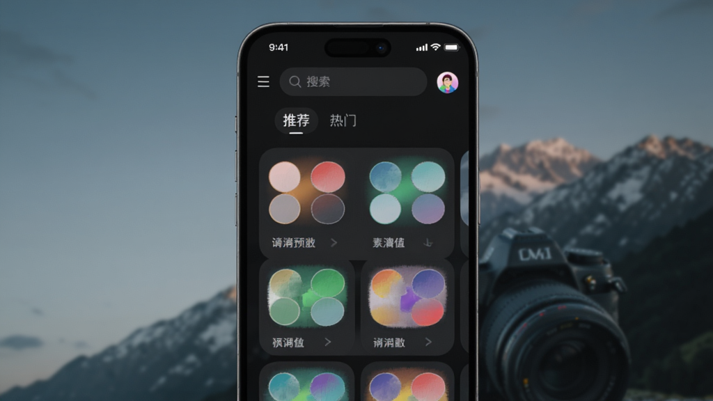 手机屏幕展示素漕app主界面,界面简洁现代,以深色为主调,中央展示多款彩色调色预设卡片,上方有搜索栏和“推荐”、“热门”标签,背景是模糊的摄影作品,整体风格科技感十足,画质干净,无多余元素